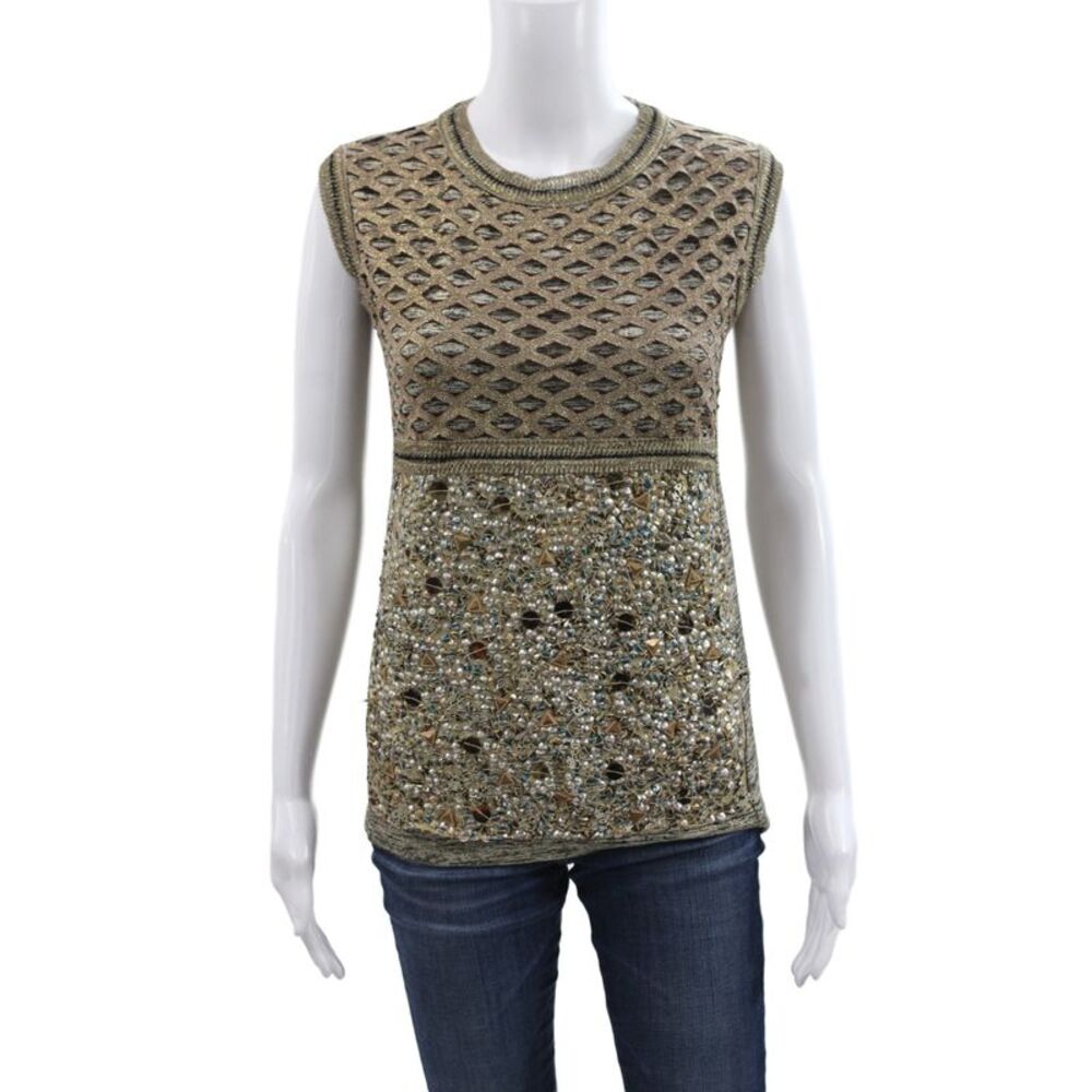 Save The Queen Women Gold Geometric Sleeveless Tunic Round Neck Size S